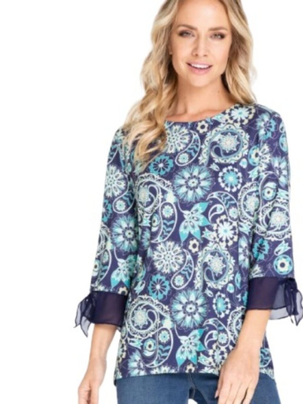 Multiples Womens Flounce Tie Sleeve Top in Blue Retro Floral Paisley L